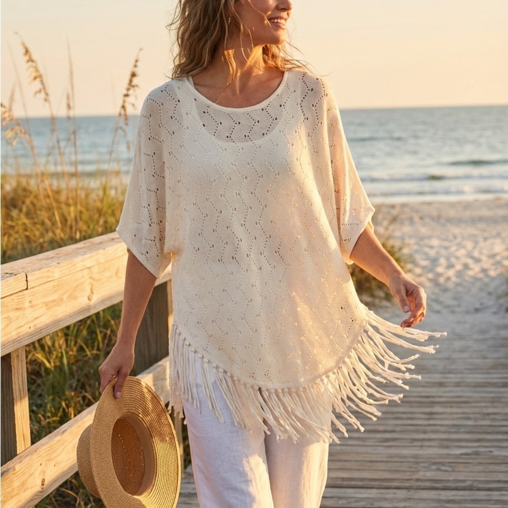 NY Collection Ivory Fringe Blouse